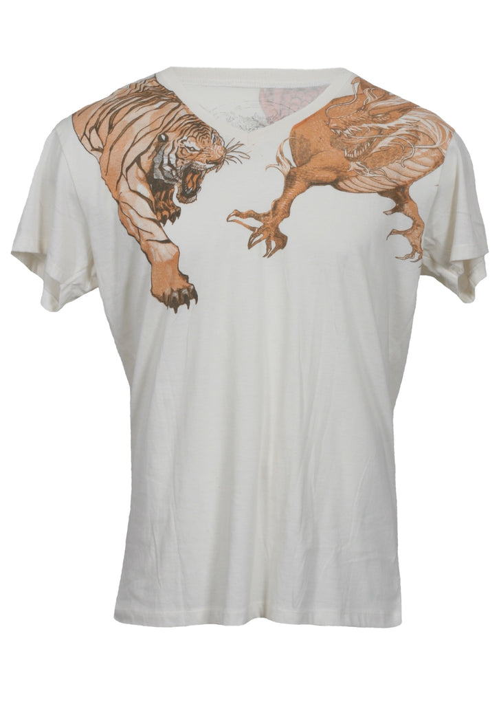 White V-neck T-shirt with tiger and dragon graphic front